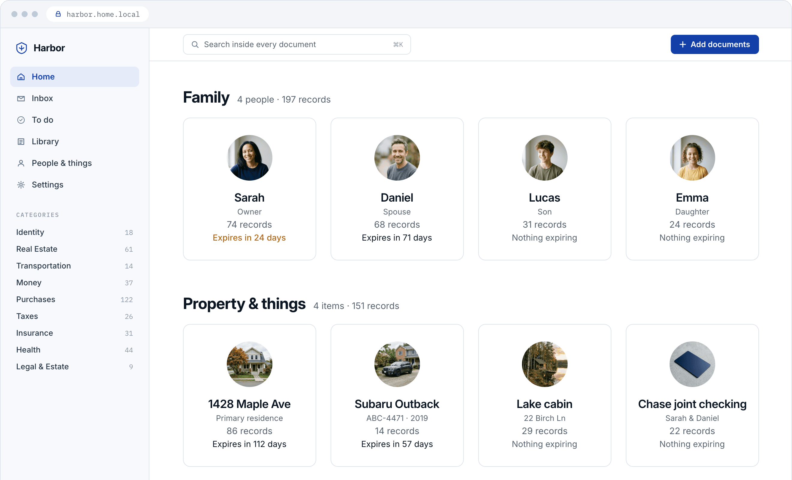 Harbor's Home page: four family members and four items, each with its record count and what expires next.
