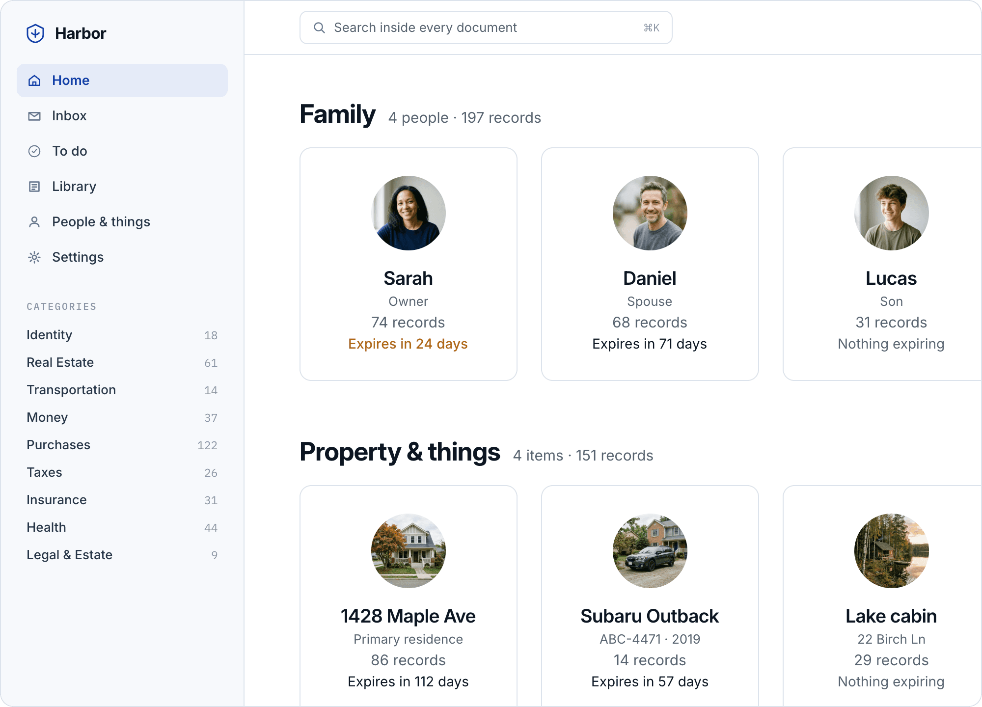 Harbor's Home page: family members and items, each with a record count and what expires next.