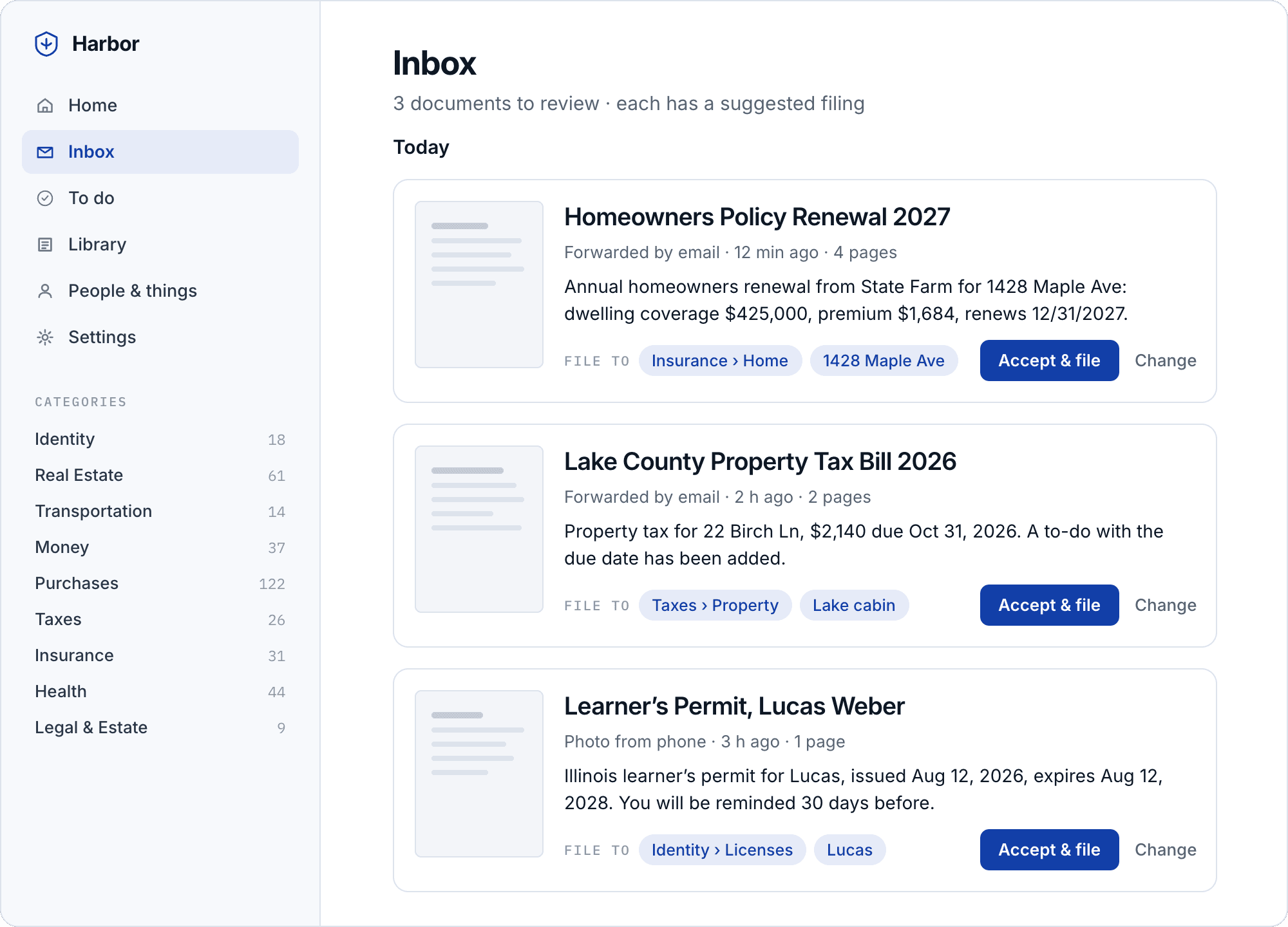 Documents waiting in Harbor's Inbox, each with a summary and a suggested filing.